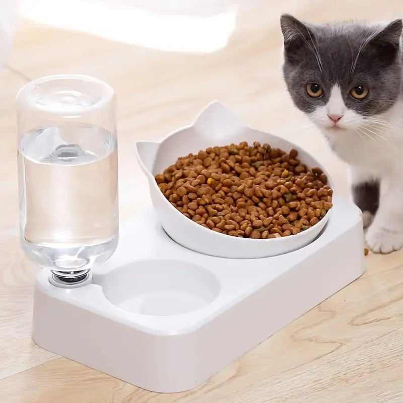 Dual Pet Feeder with Automatic Water Dispenser - Non-Slip, Easy-Clean Plastic Bowls for Cats & Dogs