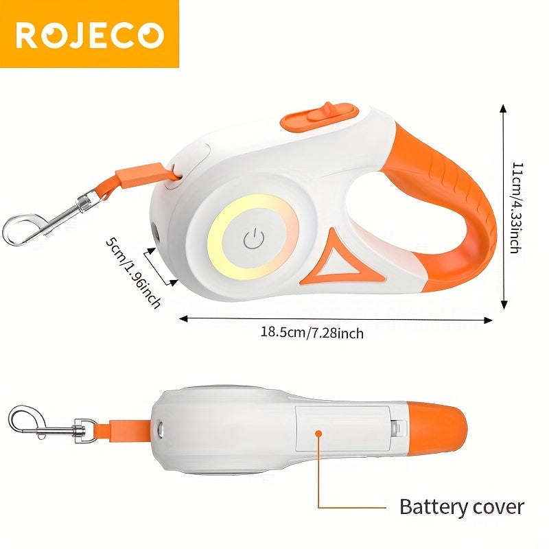 ROJECO 4.88meter Durable Nylon Retractable Dog Leash with Built-In LED Flashlight - Ergonomic Handle, One-Button Brake/Lock for Safe Outdoor Walks and Runs